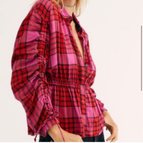 WOMENS FREE PEOPLE RED COMBO BLOUSE RED/PINK SIZE L - Picture 7 of 10